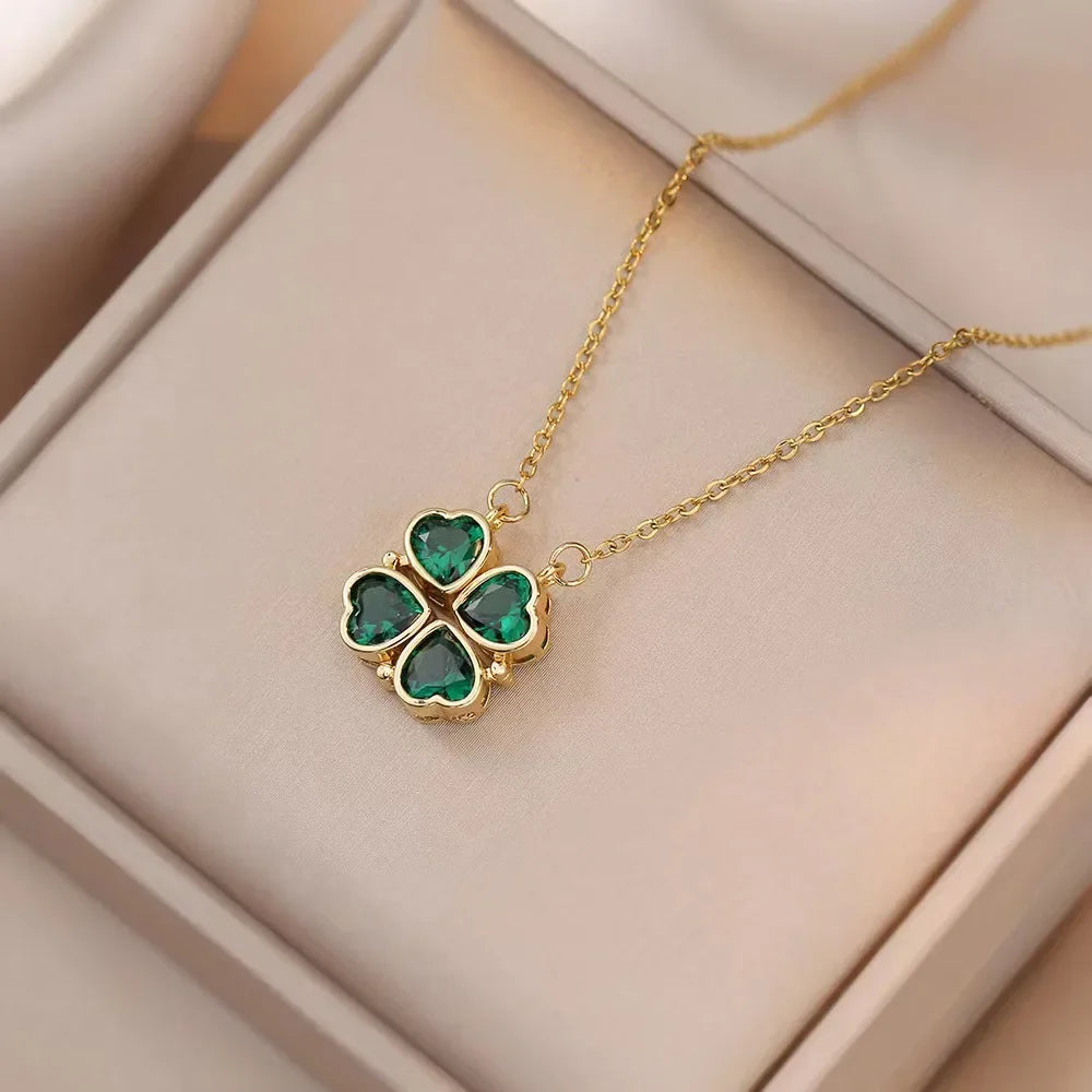 Sparkling Heart-shaped Four Leaf Clover Zircon Pendant Necklace Deformed 4-in-1 Love Titanium Steel Necklace Jewelry