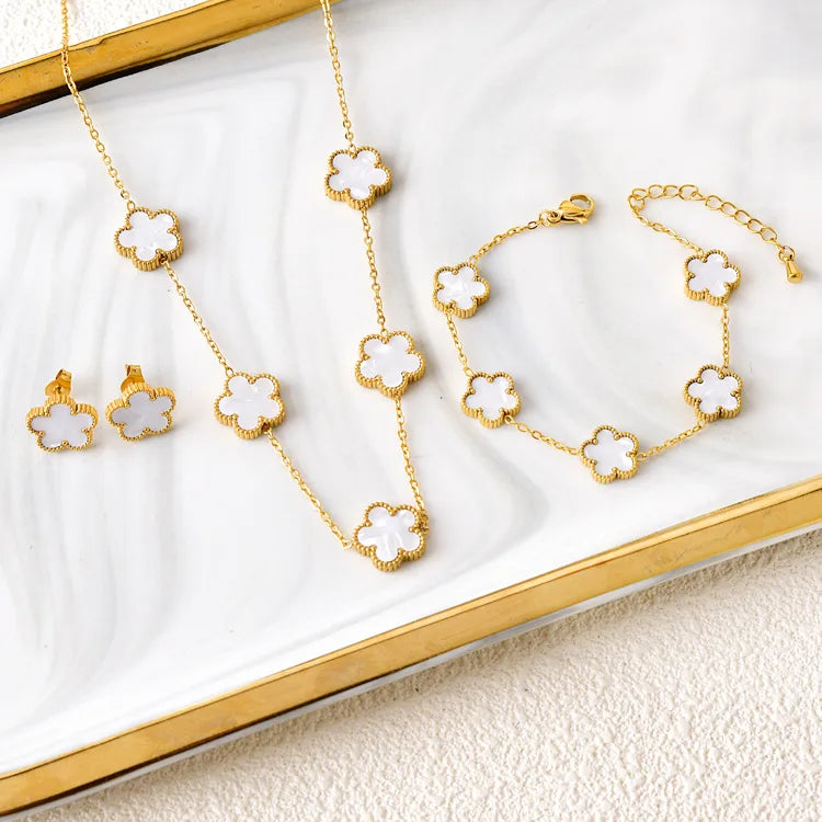 Five Leaf Flower Jewelry Set Stainless Steel Gold Plated Bracelet Necklace Earrings Plum Blossom Plant