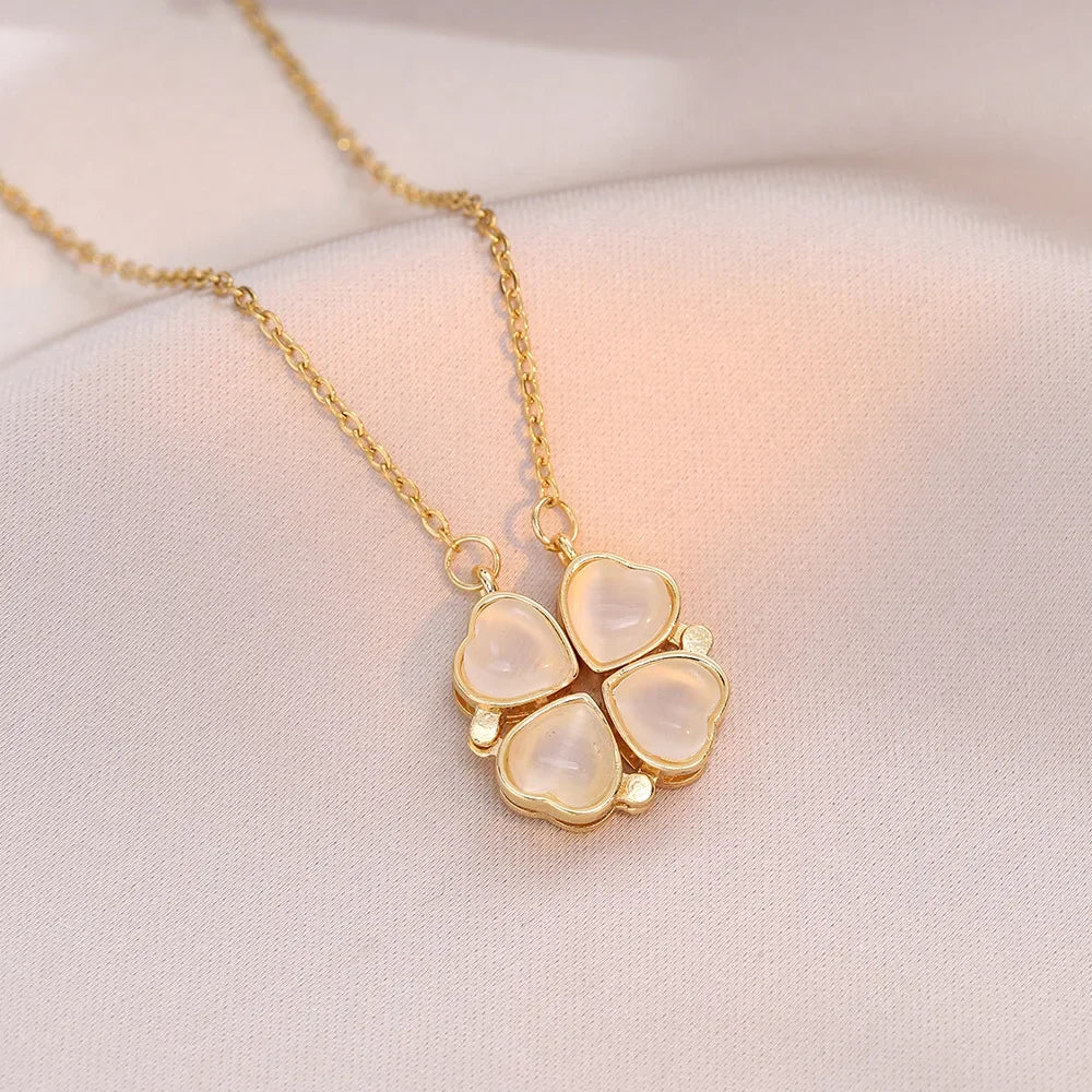 Sparkling Heart-shaped Four Leaf Clover Zircon Pendant Necklace Deformed 4-in-1 Love Titanium Steel Necklace Jewelry