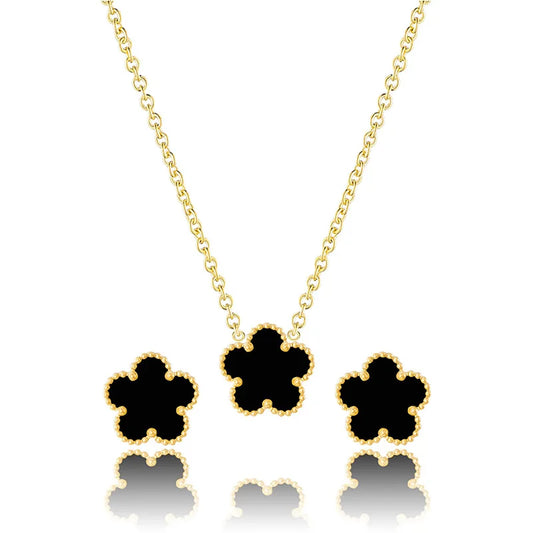 Five Clover Leaf Flower Stainless Steel Gold plated Necklace & Earrings Set for Women