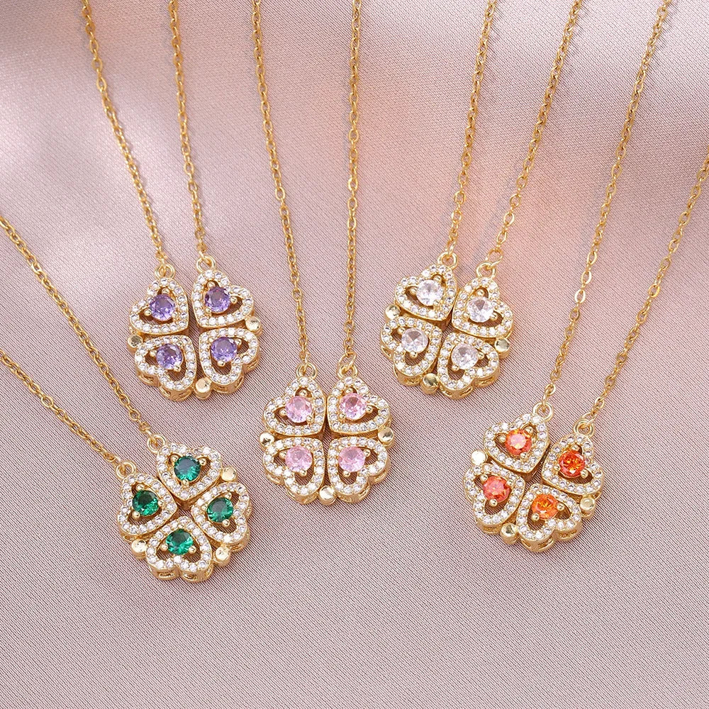Sparkling Heart-shaped Four Leaf Clover Zircon Pendant Necklace Deformed 4-in-1 Love Titanium Steel Necklace Jewelry