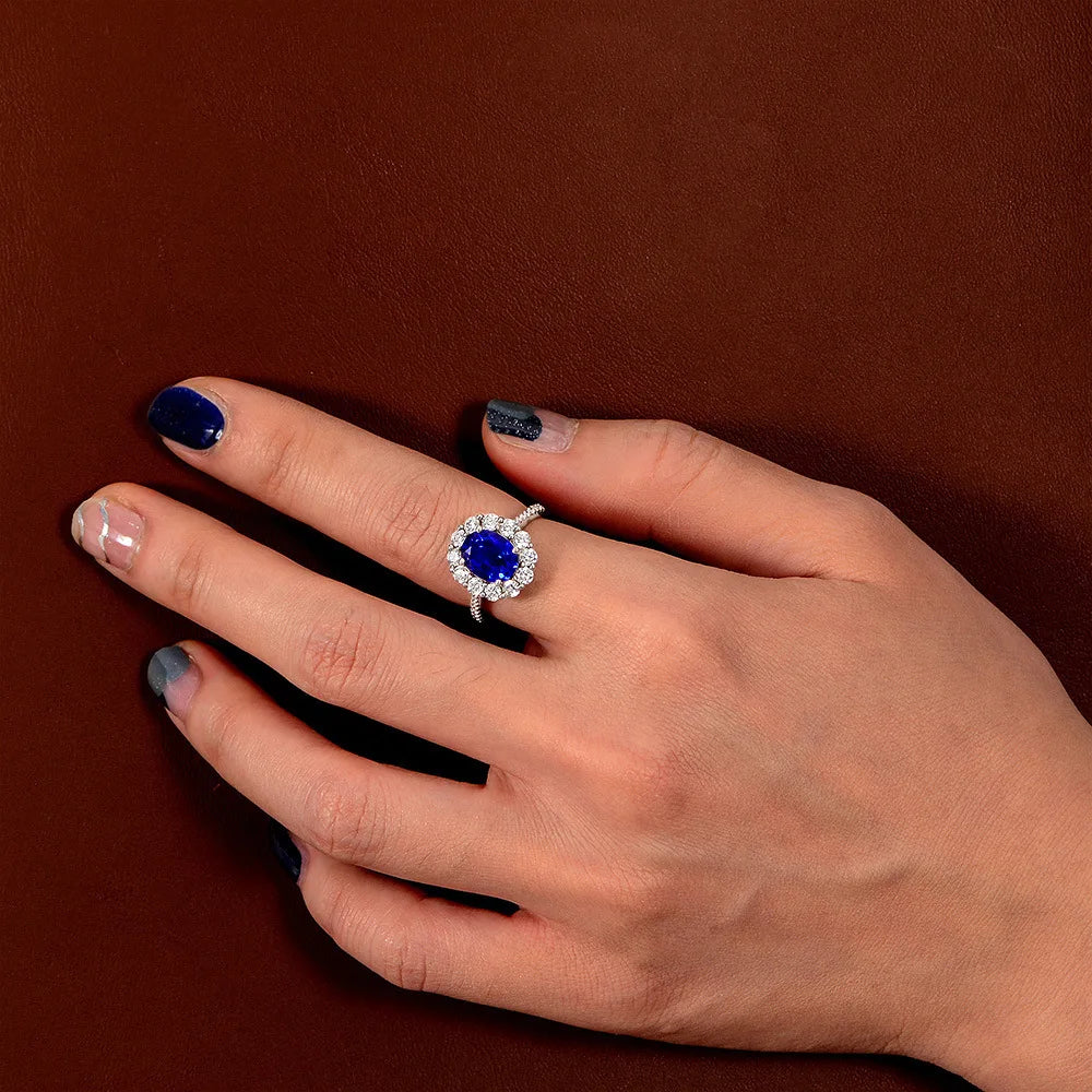 Halo Oval Created Sapphire Sterling Silver Engagement & Wedding Ring