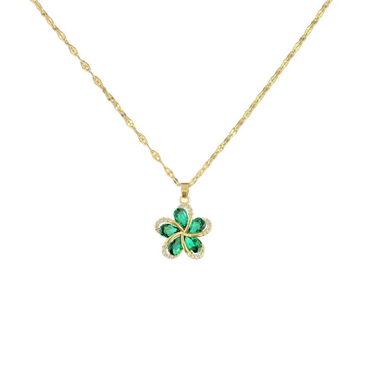 Stainless Steel Green Zircon Flowers Pendant Necklace For Women Jewelry Gifts