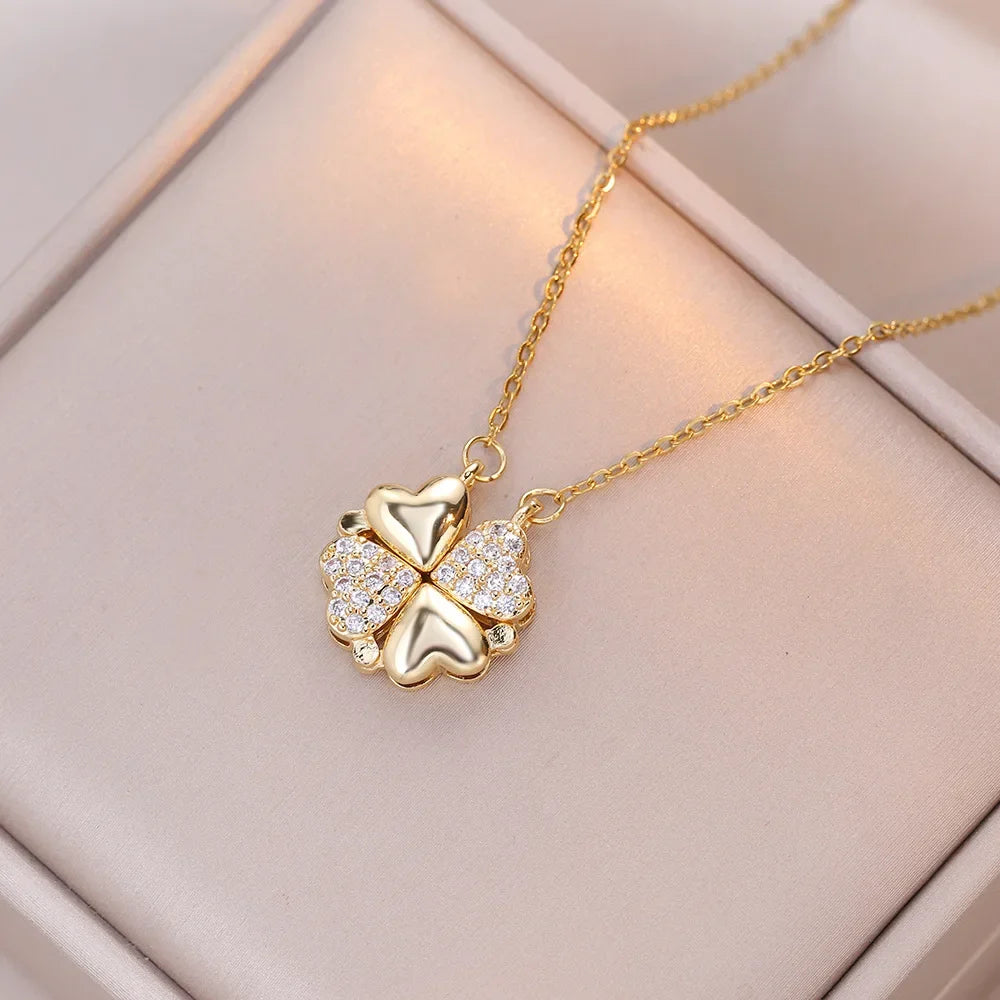 Sparkling Heart-shaped Four Leaf Clover Zircon Pendant Necklace Deformed 4-in-1 Love Titanium Steel Necklace Jewelry