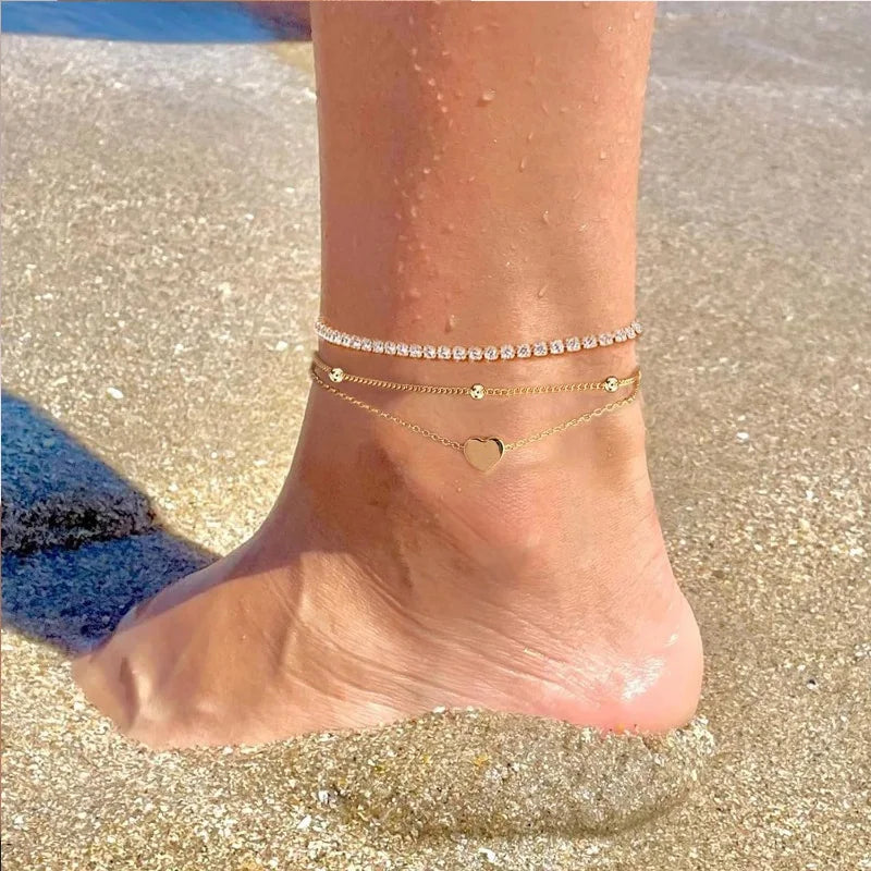 Dainty Gold Plated Layered CZ Anklets