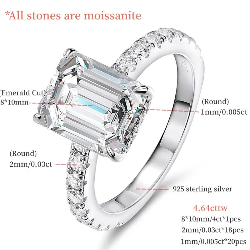 Moissanite Emerald/Radian Cut Rings Sterling Silver Engagement Ring & Wedding Band
