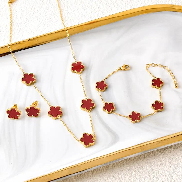 Five Leaf Flower Jewelry Set Stainless Steel Gold Plated Bracelet Necklace Earrings Plum Blossom Plant