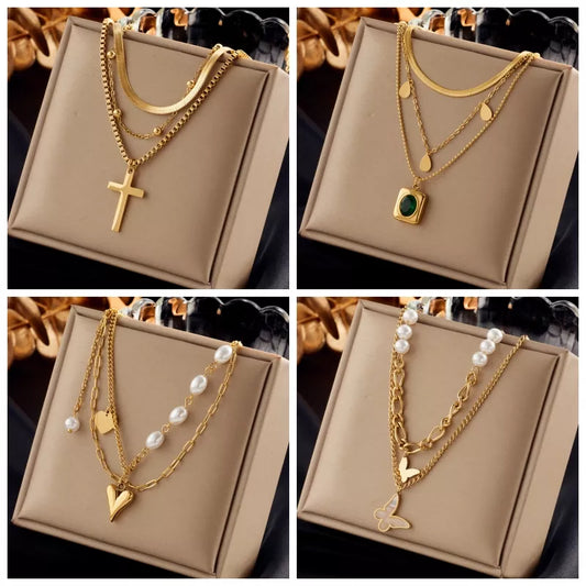 Stainless Steel Pearl Heart Butterfly Cross Pendant Necklace For Women Fashion Girls Clavicle Chain Jewelry Gifts