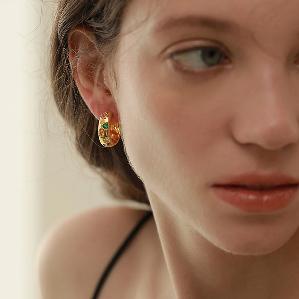 Stainless Steel Hoops Multiply Colours Gem Earrings Shiny Glossy Jewelry