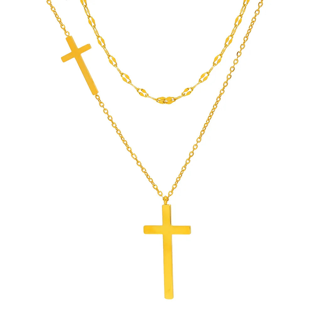 Stainless Steel Cross Pendant Choker Multilayer Chain Necklace For Women