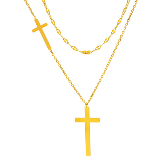 Stainless Steel Cross Pendant Choker Multilayer Chain Necklace For Women