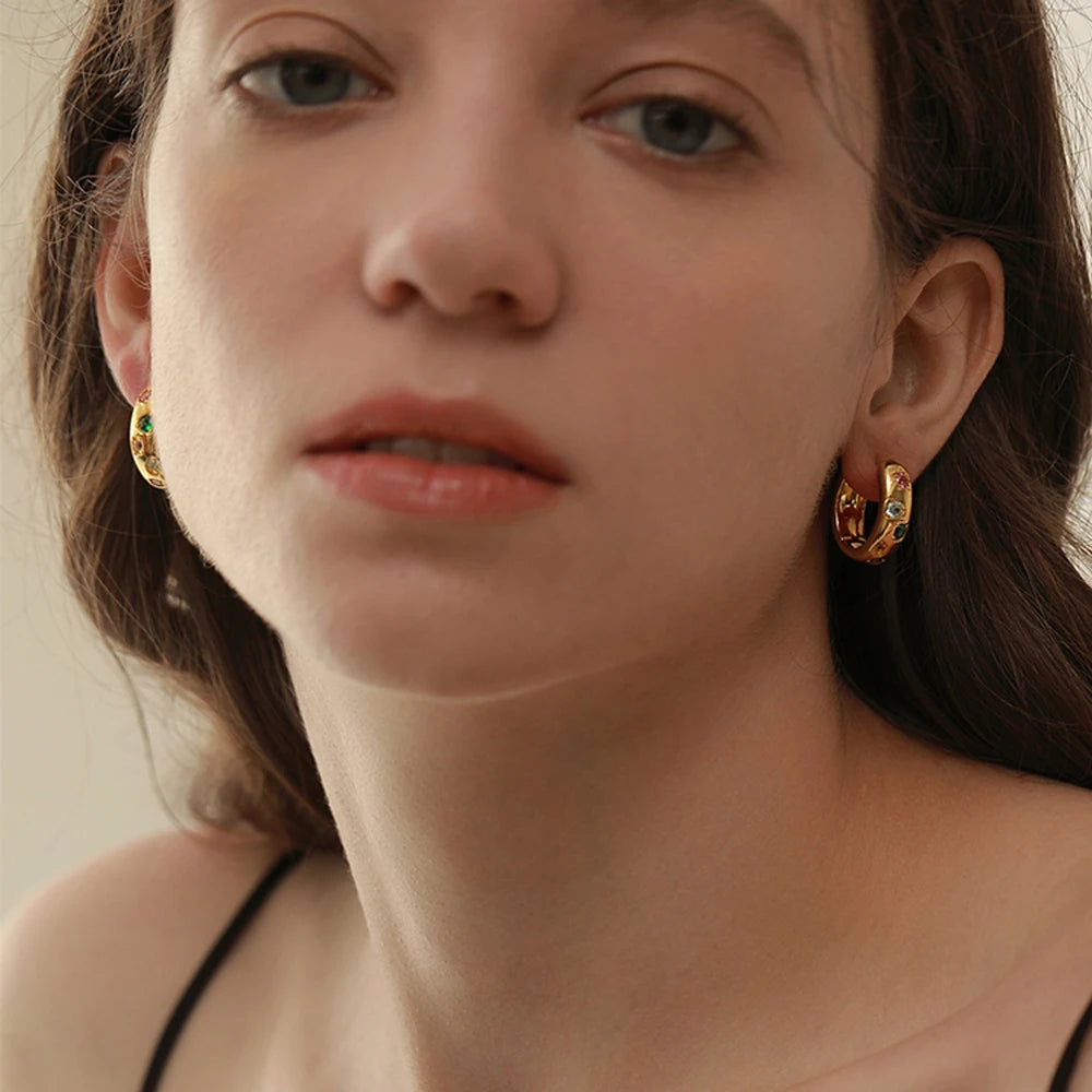 Stainless Steel Hoops Multiply Colours Gem Earrings Shiny Glossy Jewelry