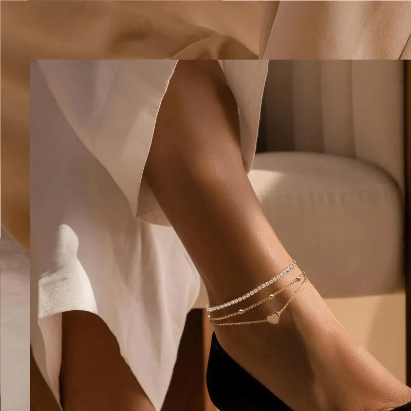 Dainty Gold Plated Layered CZ Anklets