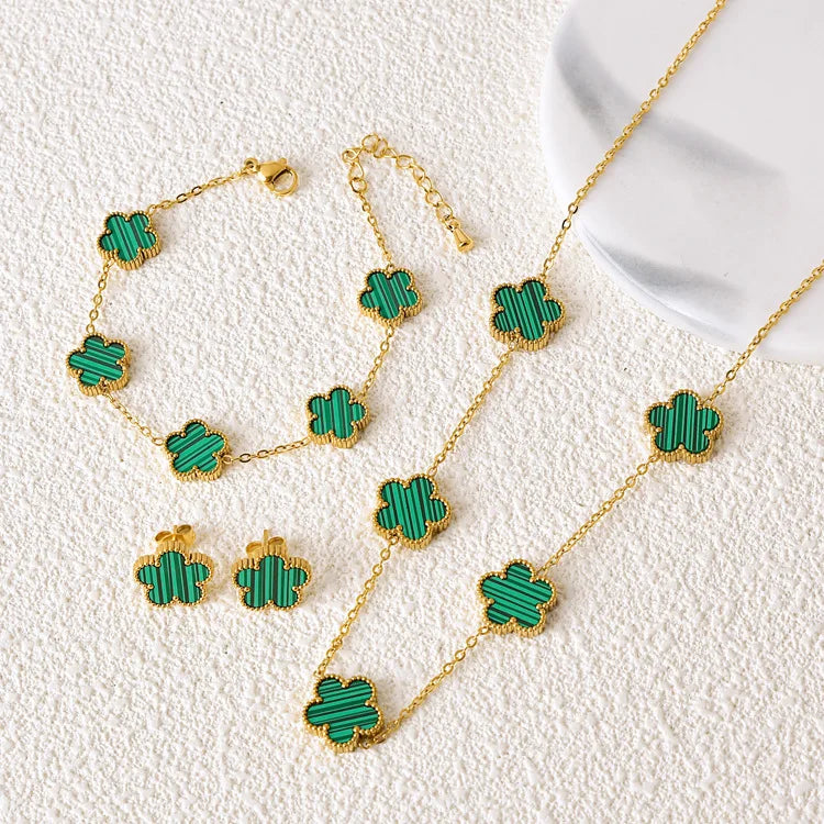 Five Leaf Flower Jewelry Set Stainless Steel Gold Plated Bracelet Necklace Earrings Plum Blossom Plant