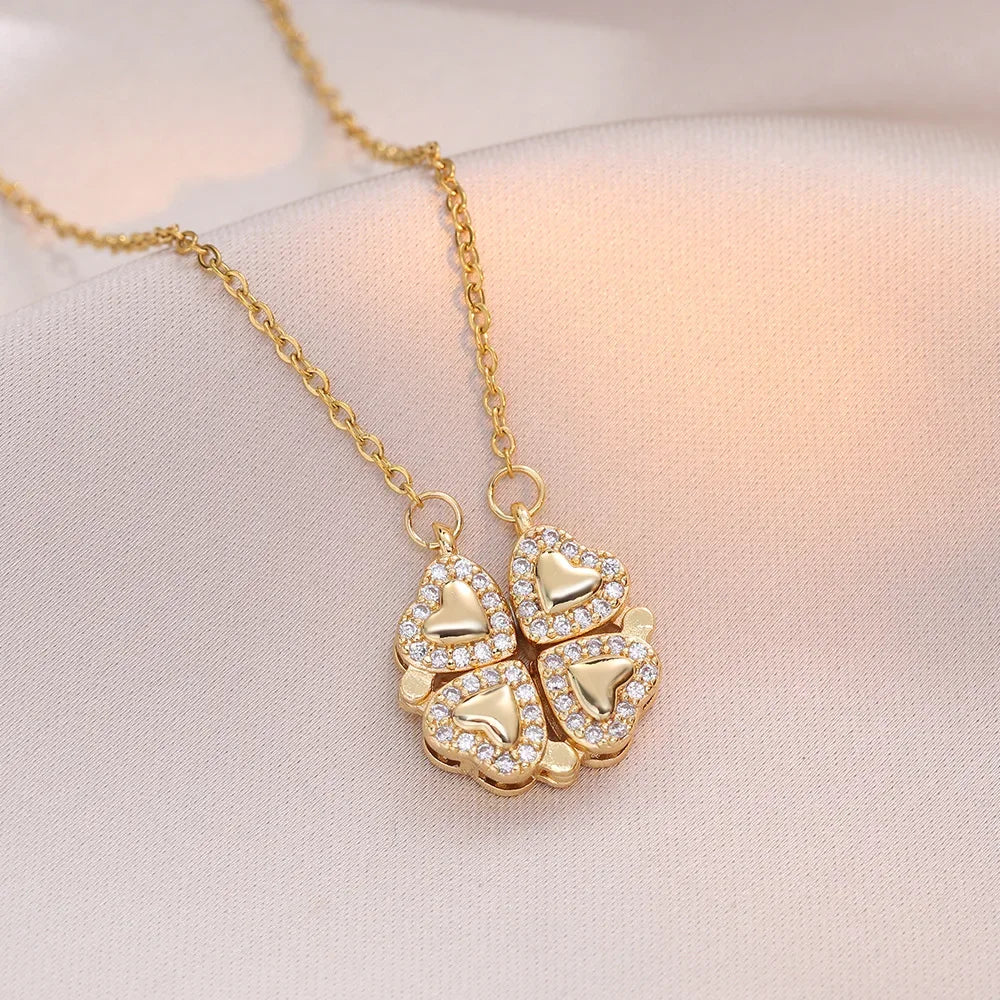 Sparkling Heart-shaped Four Leaf Clover Zircon Pendant Necklace Deformed 4-in-1 Love Titanium Steel Necklace Jewelry