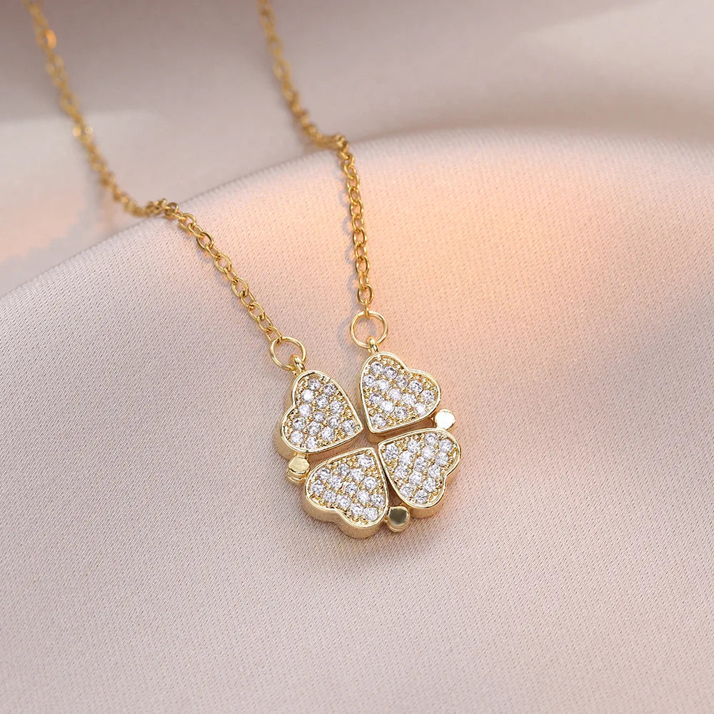 Sparkling Heart-shaped Four Leaf Clover Zircon Pendant Necklace Deformed 4-in-1 Love Titanium Steel Necklace Jewelry