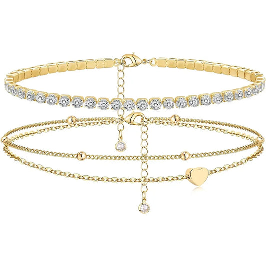 Dainty Gold Plated Layered CZ Anklets