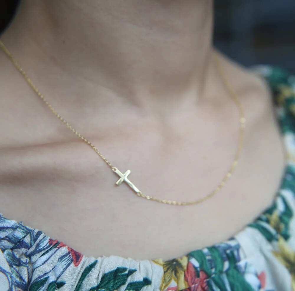 Sterling Silver Cross Sideway Chain Women Ladies Simple Fashion Necklace