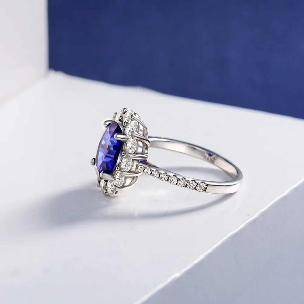 Halo Oval Created Sapphire Sterling Silver Engagement & Wedding Ring