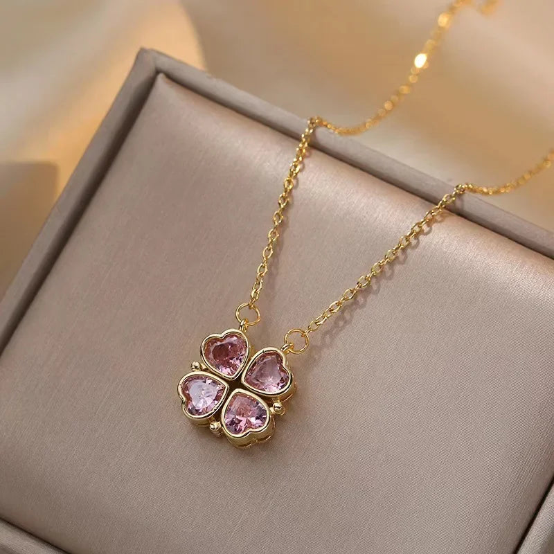 Sparkling Heart-shaped Four Leaf Clover Zircon Pendant Necklace Deformed 4-in-1 Love Titanium Steel Necklace Jewelry