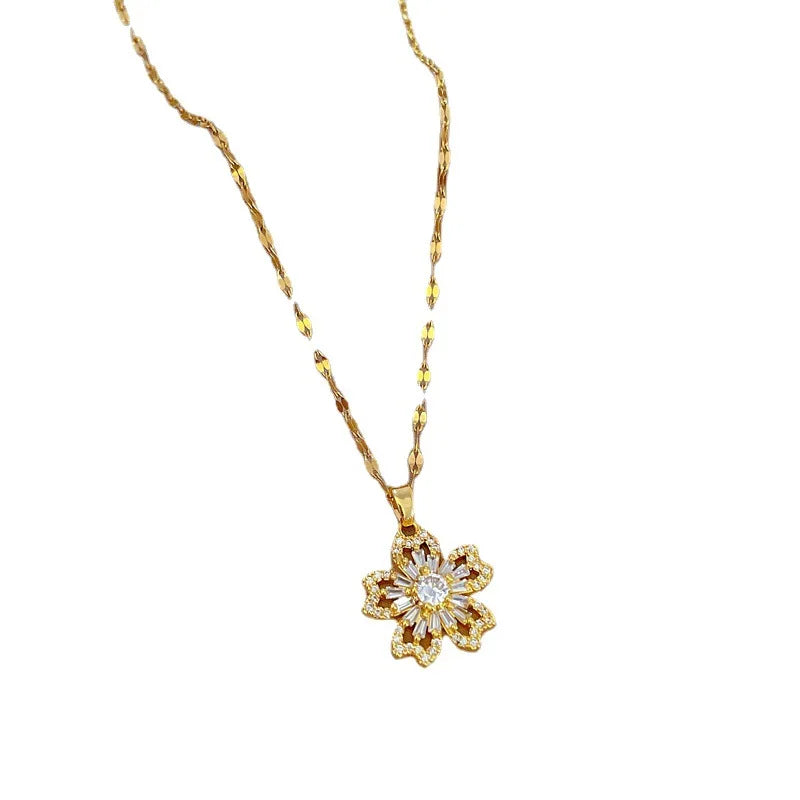 Stainless Steel Flower Pendant Necklace For Women Girls Clavicle Chain Jewelry