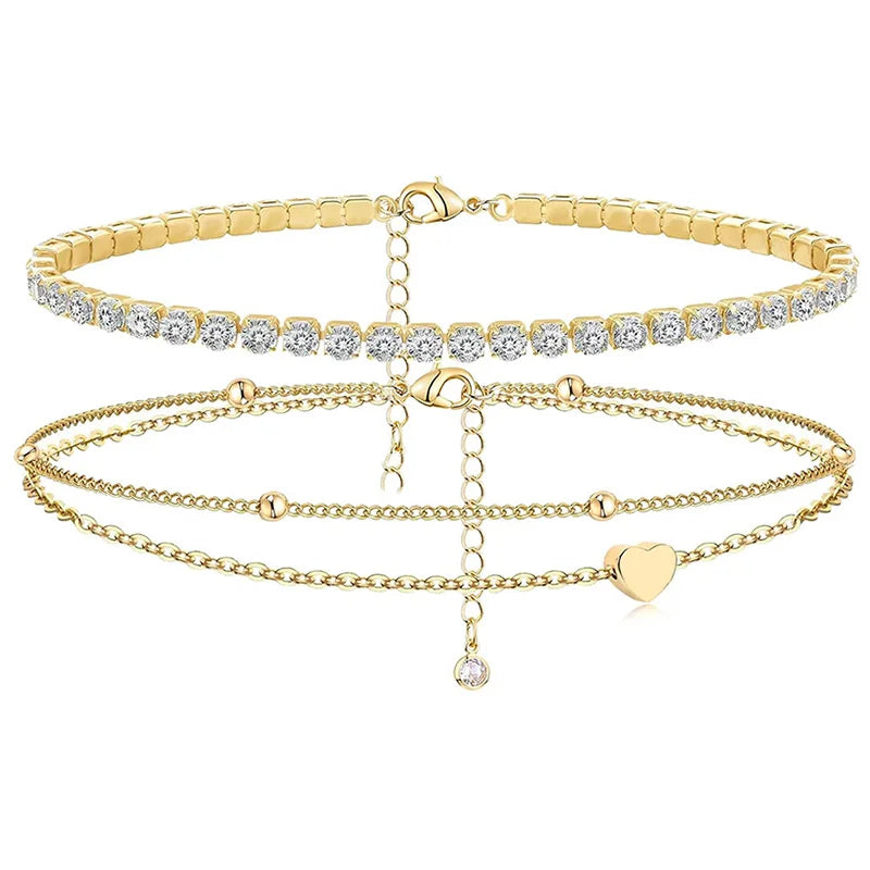 Dainty Gold Plated Layered CZ Anklets