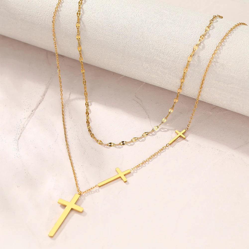 Stainless Steel Cross Pendant Choker Multilayer Chain Necklace For Women