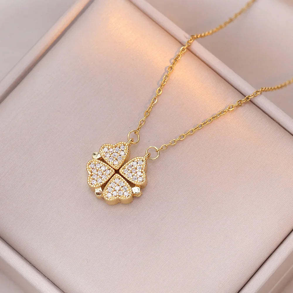 Sparkling Heart-shaped Four Leaf Clover Zircon Pendant Necklace Deformed 4-in-1 Love Titanium Steel Necklace Jewelry
