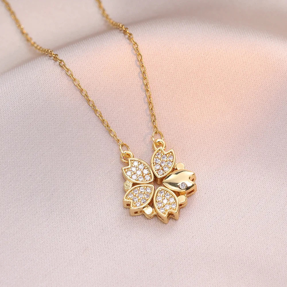 Sparkling Heart-shaped Four Leaf Clover Zircon Pendant Necklace Deformed 4-in-1 Love Titanium Steel Necklace Jewelry