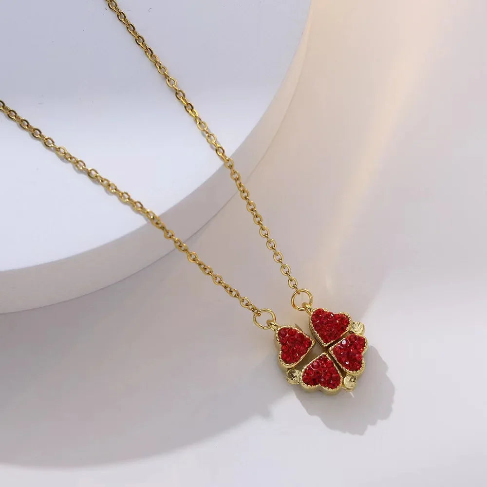 Sparkling Heart-shaped Four Leaf Clover Zircon Pendant Necklace Deformed 4-in-1 Love Titanium Steel Necklace Jewelry