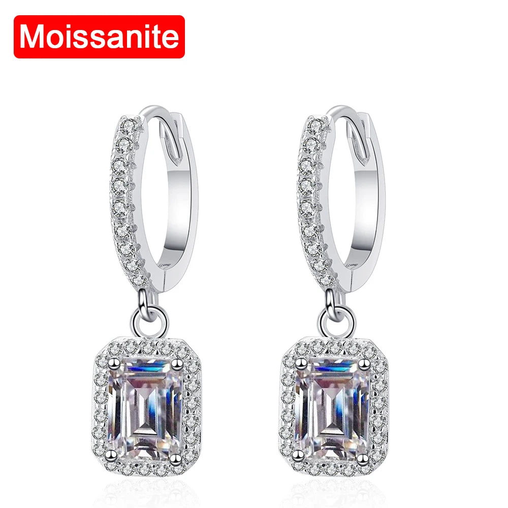 Emerald Moissanite Hoop Drop Earrings Silver Sterling For Women