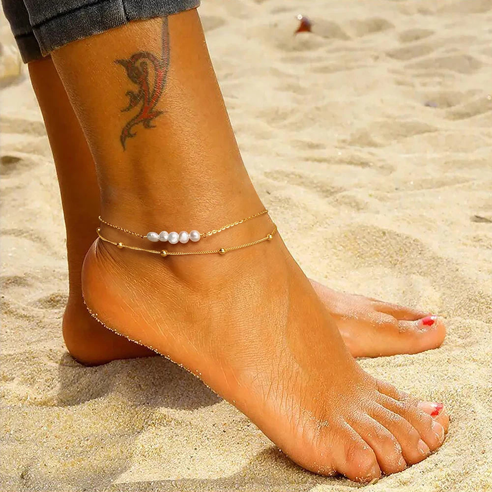 925 Sterling Silver Layered Freshwater Pearl & Cable Chain Anklet for Women