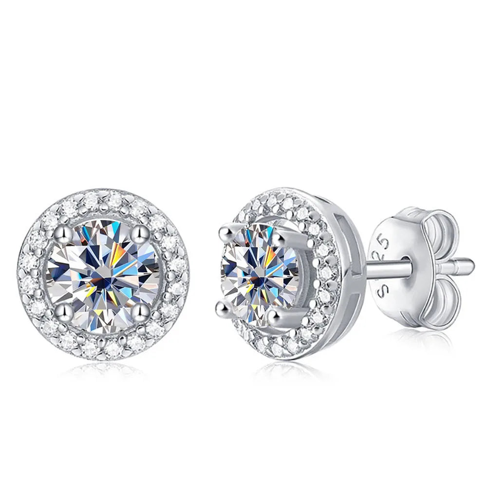 Moissanite Sterling Silver Round Halo Studs Earrings