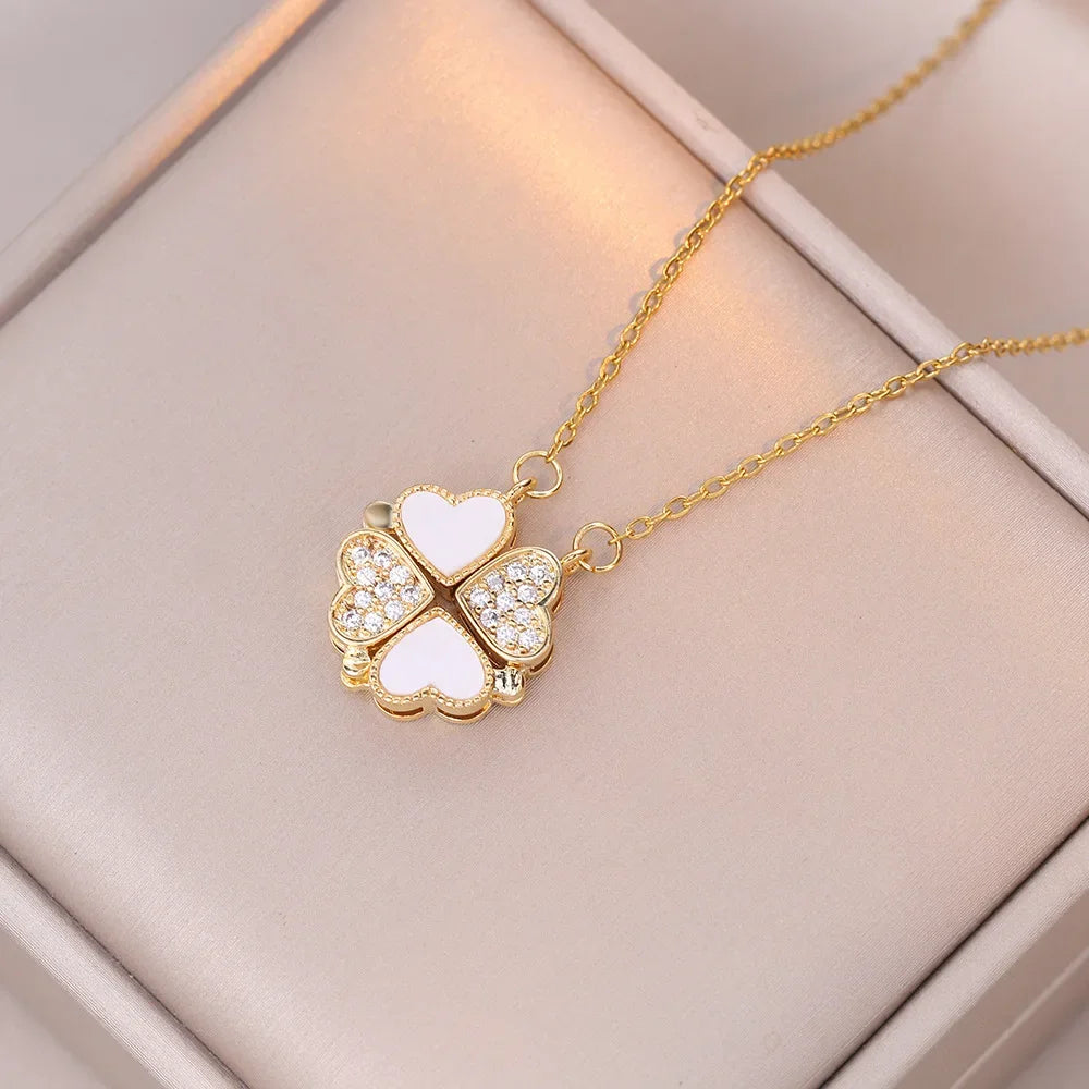 Sparkling Heart-shaped Four Leaf Clover Zircon Pendant Necklace Deformed 4-in-1 Love Titanium Steel Necklace Jewelry