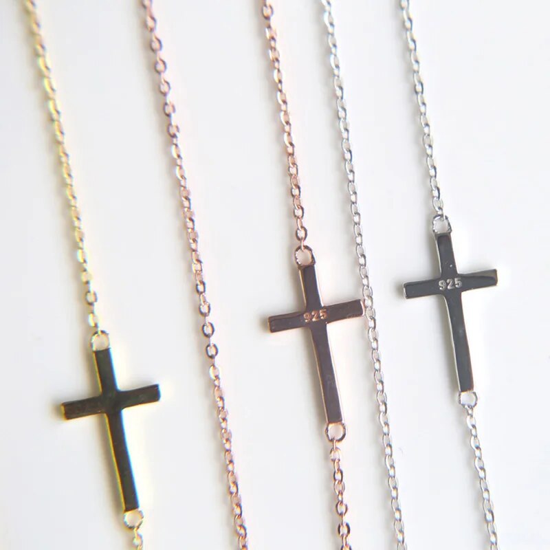 Sterling Silver Cross Sideway Chain Women Ladies Simple Fashion Necklace