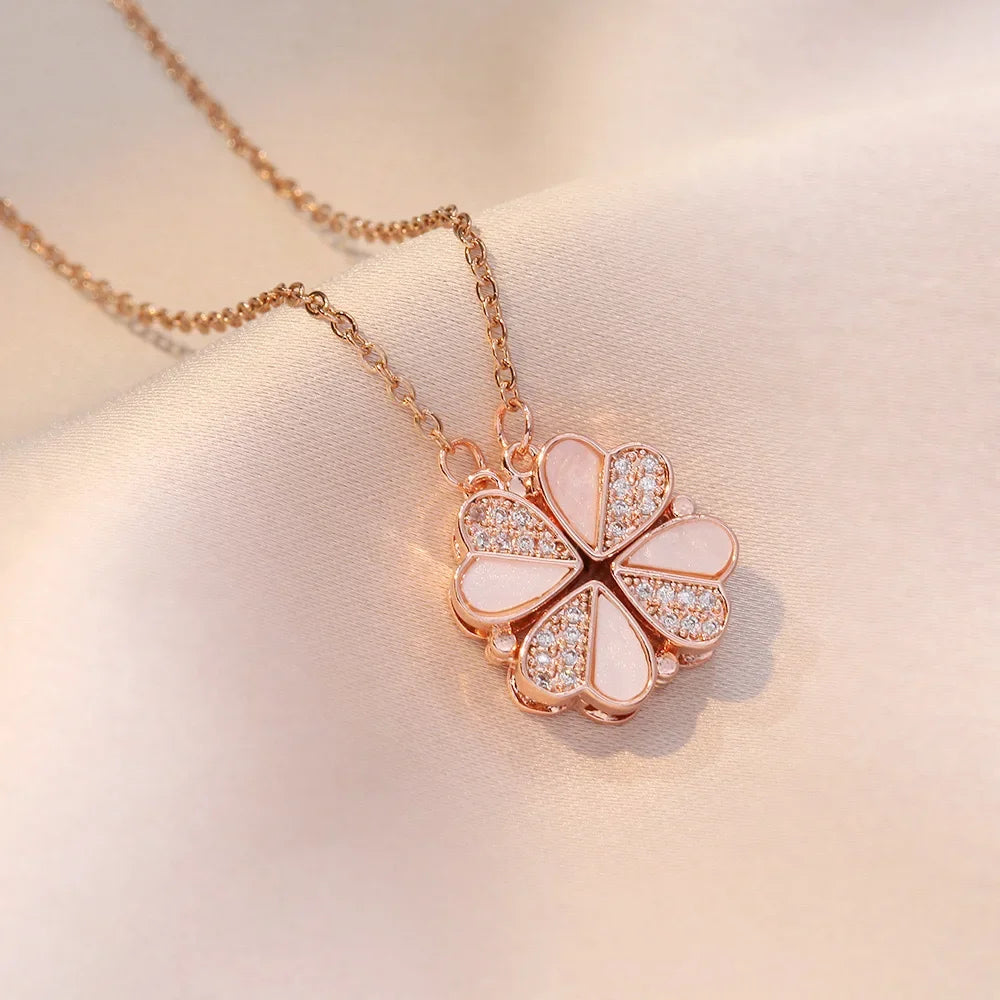 Sparkling Heart-shaped Four Leaf Clover Zircon Pendant Necklace Deformed 4-in-1 Love Titanium Steel Necklace Jewelry