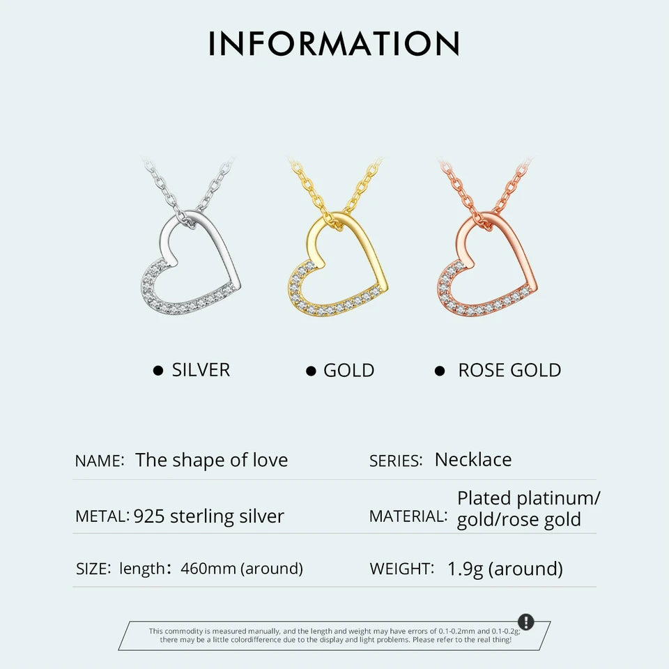 Sterling Silver The shape of love Chain Necklace for Women Gold Plated Heart Necklace 3 Color