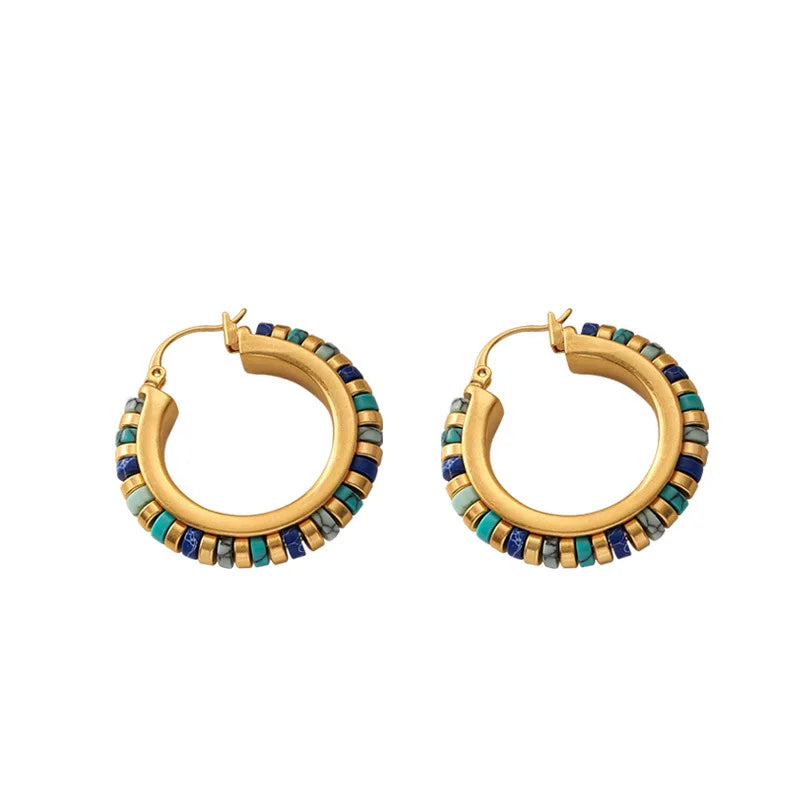 Retro Jewelry Green Stones Earrings Luxury Design High Quality Brass Metal Gold Color Hoop Earrings For Women 2023