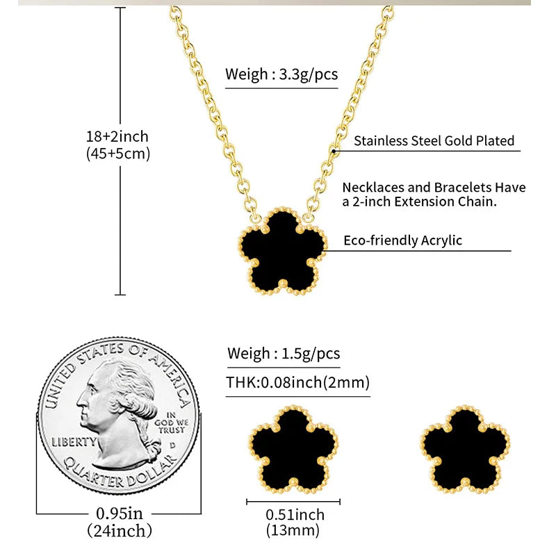Five Clover Leaf Flower Stainless Steel Gold plated Necklace & Earrings Set for Women