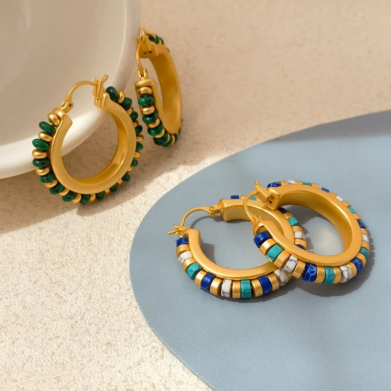 Retro Jewelry Green Stones Earrings Luxury Design High Quality Brass Metal Gold Color Hoop Earrings For Women 2023