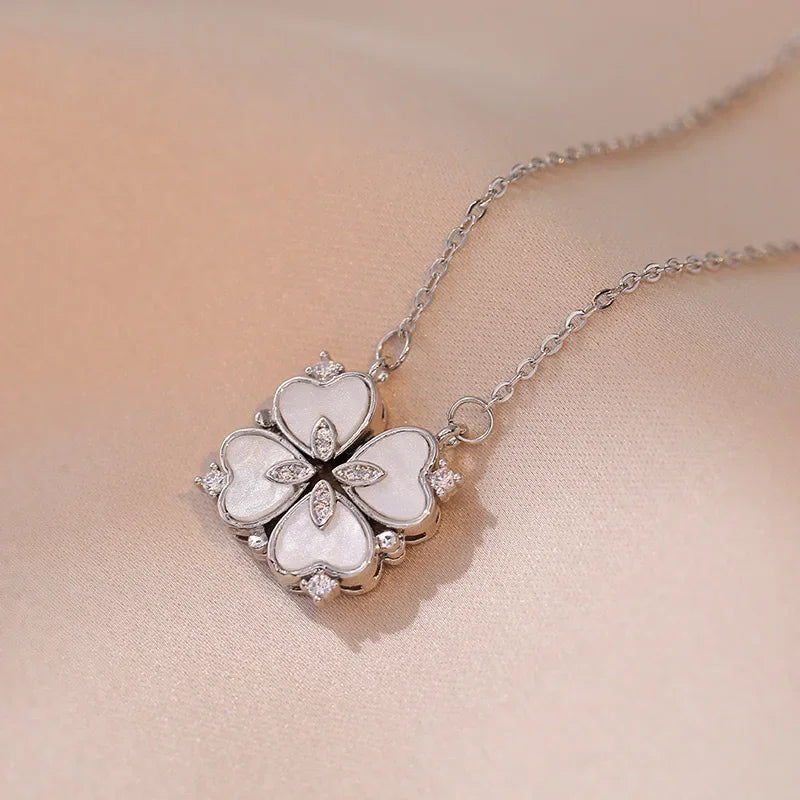 Sparkling Heart-shaped Four Leaf Clover Zircon Pendant Necklace Deformed 4-in-1 Love Titanium Steel Necklace Jewelry