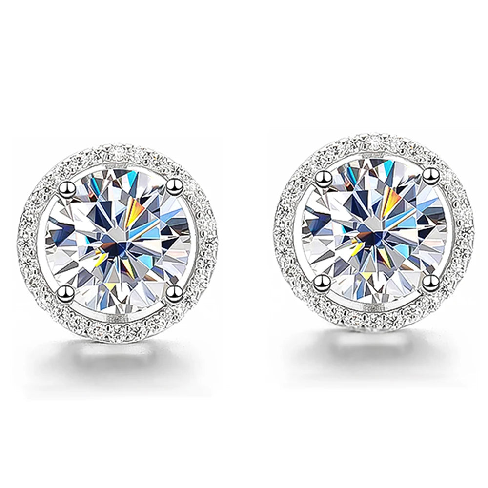 Moissanite Sterling Silver Round Halo Studs Earrings