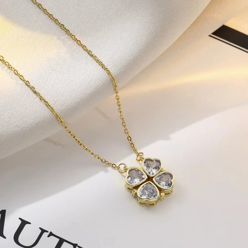 Sparkling Heart-shaped Four Leaf Clover Zircon Pendant Necklace Deformed 4-in-1 Love Titanium Steel Necklace Jewelry