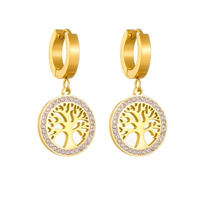 Stainless Steel Heart Tree Pendant Necklace Earrings For Women Girl Non-fading Chain Choker Jewelry Set