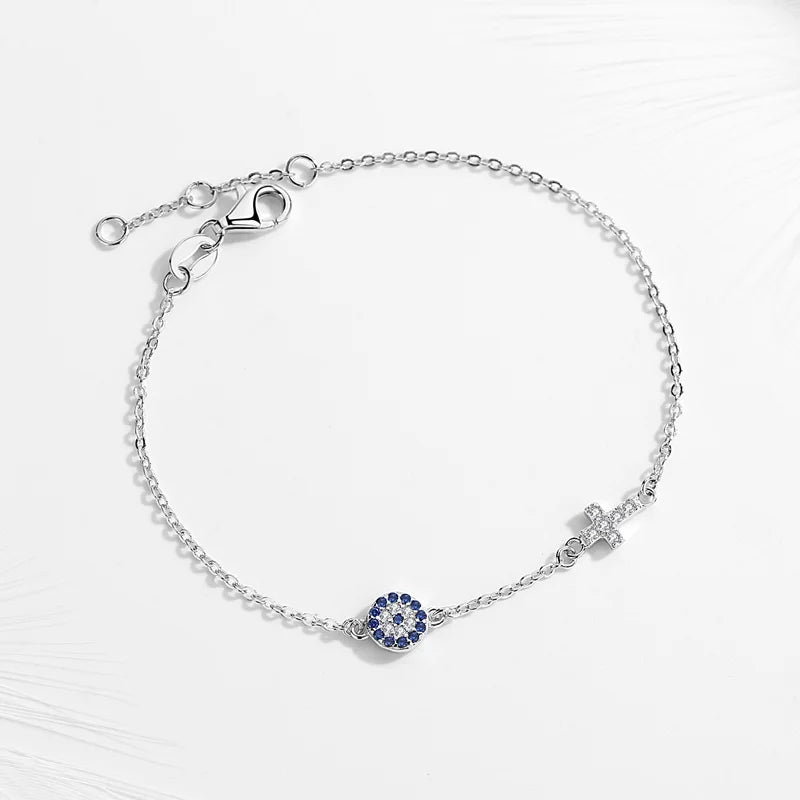 Blue Evil Eye Cross Bracelet 925 Sterling Silver Small Bracelets For Women Good Luck CZ Jewelry