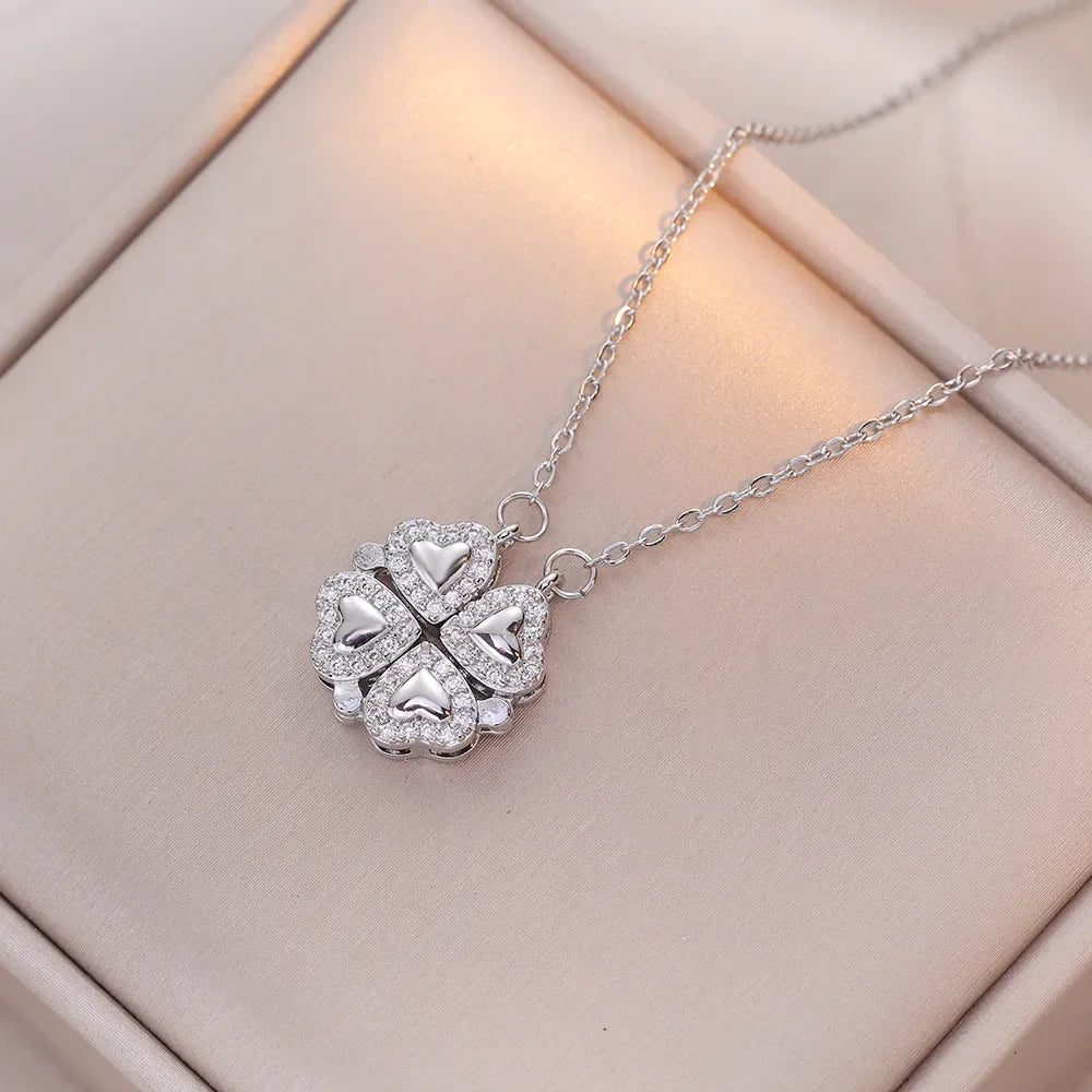 Sparkling Heart-shaped Four Leaf Clover Zircon Pendant Necklace Deformed 4-in-1 Love Titanium Steel Necklace Jewelry