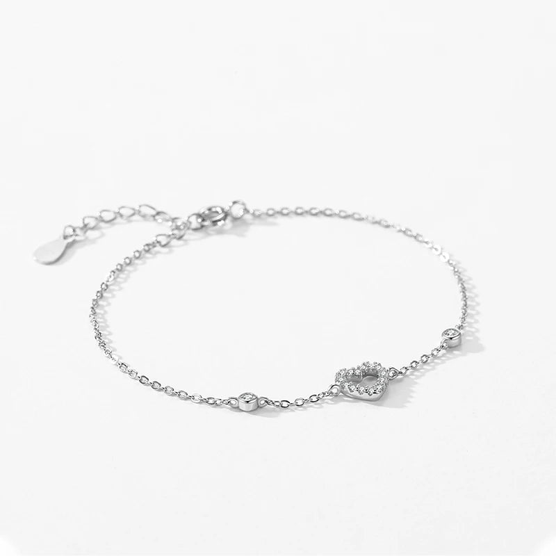 Sterling Silver Charm Heart Zirconia Link Chain Bracelet