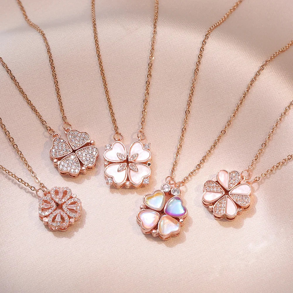 Sparkling Heart-shaped Four Leaf Clover Zircon Pendant Necklace Deformed 4-in-1 Love Titanium Steel Necklace Jewelry