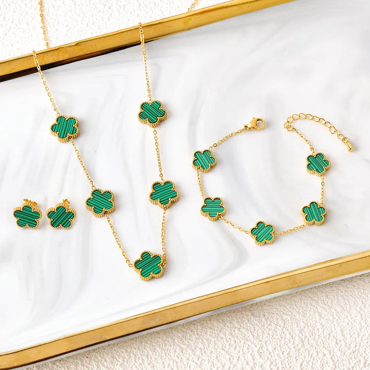 Five Leaf Flower Jewelry Set Stainless Steel Gold Plated Bracelet Necklace Earrings Plum Blossom Plant