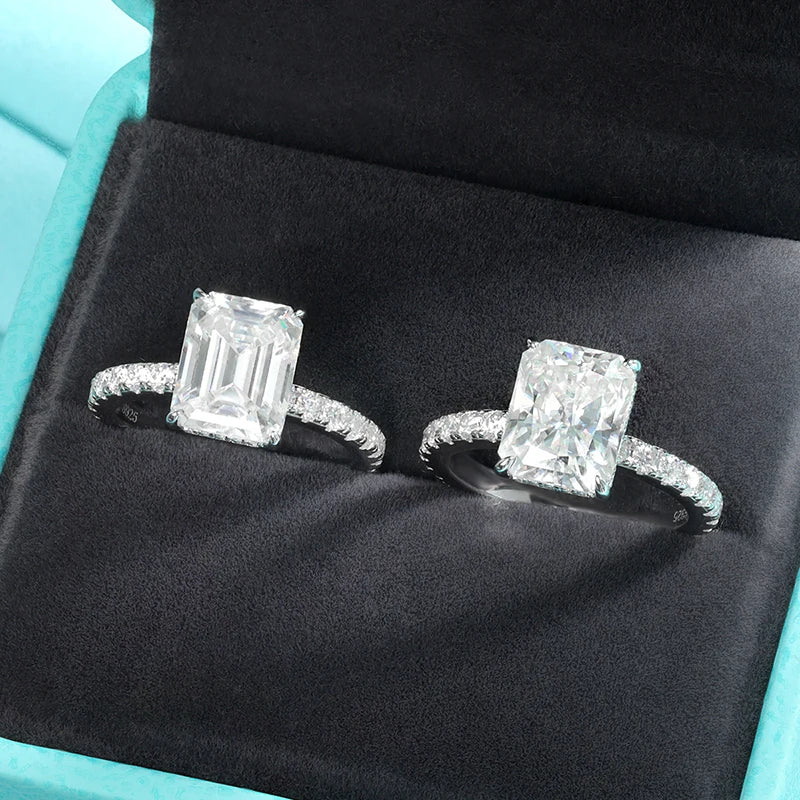 Moissanite Emerald/Radian Cut Rings Sterling Silver Engagement Ring & Wedding Band